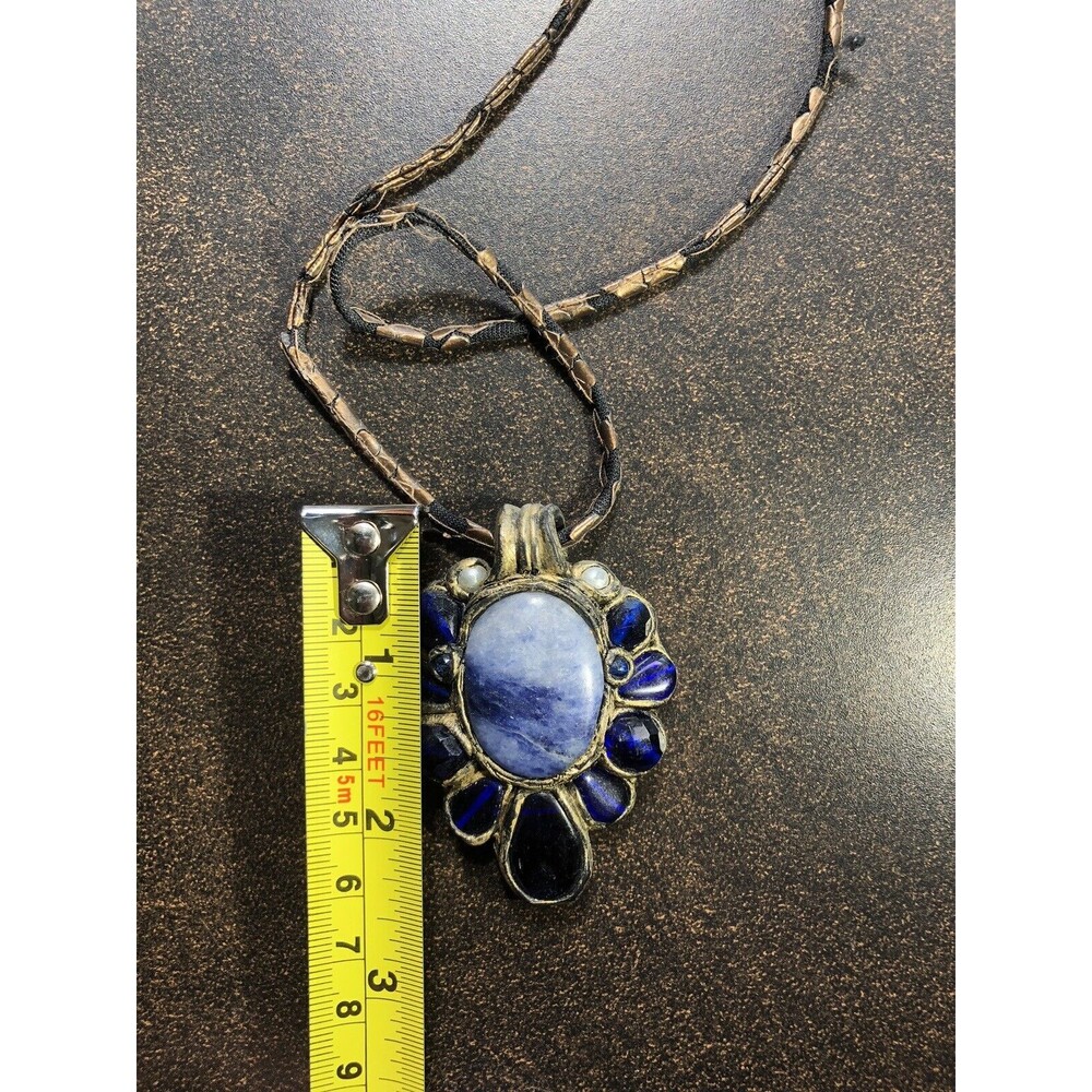 NECKLACE Sodalite And Lapis Lazuli Flower Pendant Handmade/Signed By Artisan - Picture 9 of 14